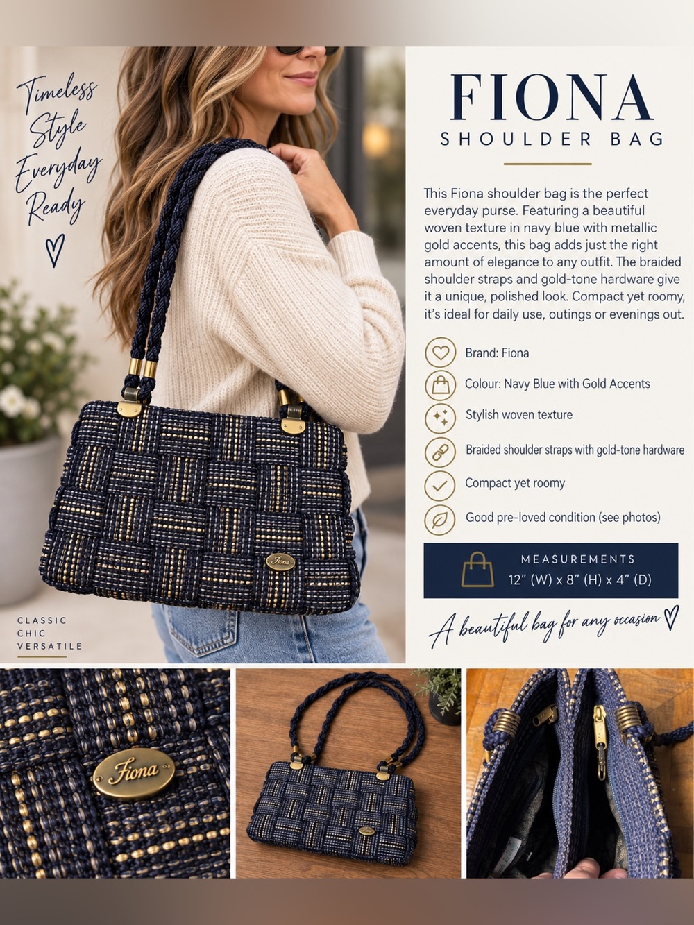 Vintage Fiona Navy Blue Woven Shoulder Bag with Gold Accents | made in Italy